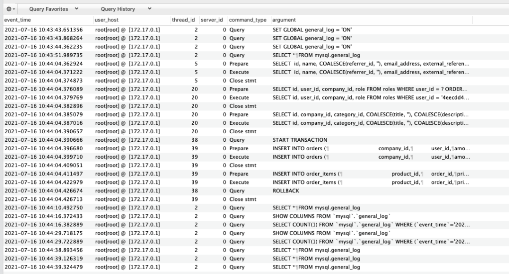 Sequel Pro screenshot of logging output for MySQL